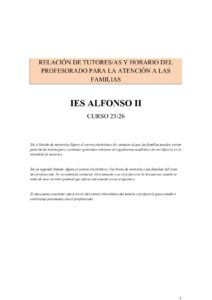 RELACIÓN DE TUTORES/AS Y HORARIO DEL PROFESORADO PARA LA ATENCIÓN A LAS FAMILIAS