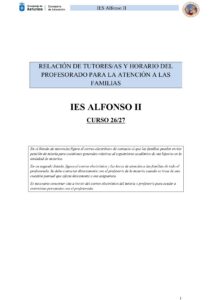 RELACIÓN DE TUTORES/AS Y HORARIO DE ATENCIÓN A LAS FAMILIAS. CURSO 26-27